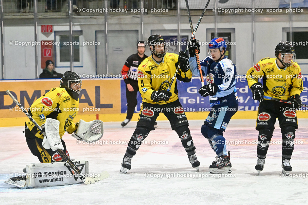 ESC Steindorf vs. EC Hornets Spittal 20.2.2024 | #1 Zauchner Rene EC Hornets Spittal, #9 Essmann Kevin EC Hornets Spittal, #88 Groyer Fabian ESC Steindorf, #11 Kucher Florian EC Hornets Spittal, ESC Steindorf vs. EC Hornets Spittal 20.2.2024, ESC Steindorf vs. EC Hornets Spittal 20.2.2024 am 20.02.2024 in Steindorf (Ossiachersee Halle), Austria, (Photo by Bernd Stefan)