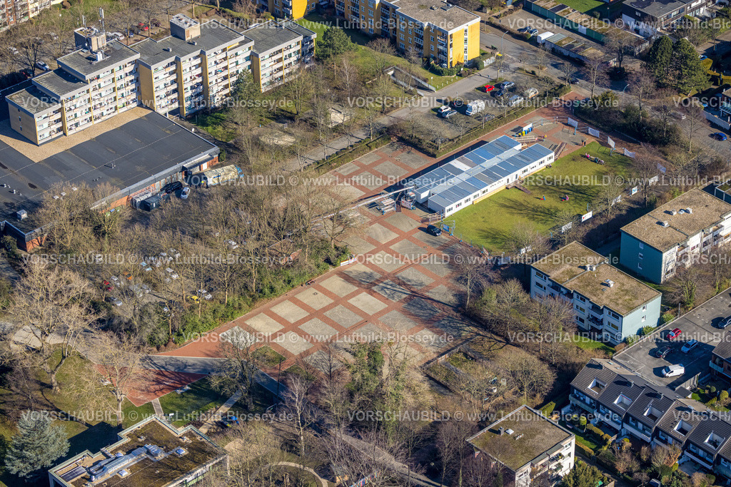 Holzwickede230213611 | Luftbild, Platz von Louviers, Übergangs-Containerdorf für Kinder nach Wasserschaden im DRK Kindergarten, Holzwickede, Ruhrgebiet, Nordrhein-Westfalen, Deutschland