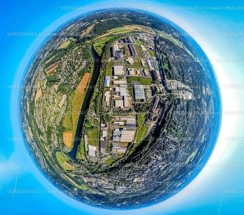 Hattingen240890702GewerrbegebietHenrichshuette | Luftbild, Henrichshütte Landschaftspark und Industriemusem am Fluss Ruhr, Gewerbegebiet, Erdkugel, Fisheye Aufnahme, Fischaugen Aufnahme, 360 Grad Aufnahme, tiny world, little planet, fisheye Bild, Welper, Hattingen, Ruhrgebiet, Nordrhein-Westfalen, Deutschland