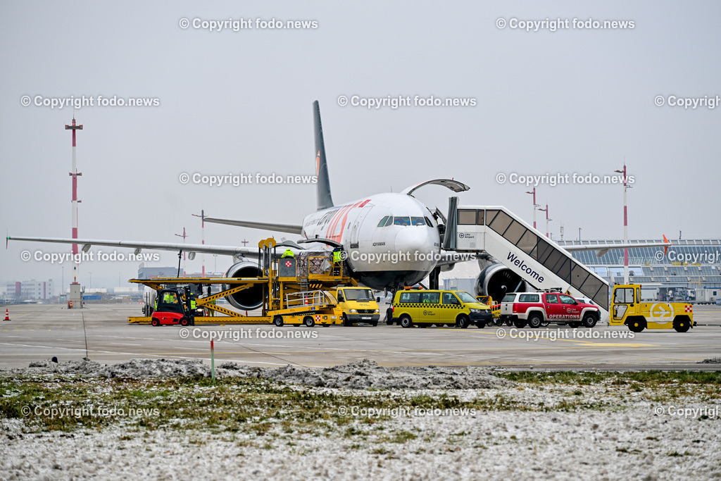 Flughafen Linz_ ULS Cargo_ 12.01.2024-9 | 12.01.2024, Linz Hoersching, AUT, Flughafen Linz, Linz Airport, im Bild Flugzeug, Fracht, Cargo, Airbus A310, ULS Airlines, Turkish, Ankunft, beladen, Vorfeld, Tower