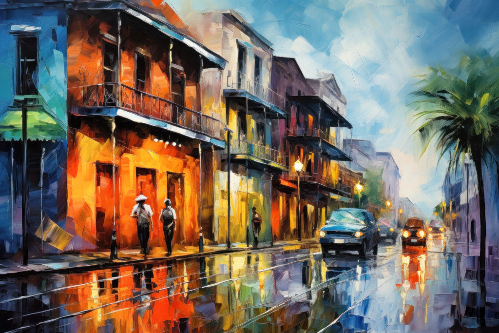 2307256 - Auf den Straßen von New Orleans | Bestellen Sie dieses digitale Gemälde des französischen Viertels in New Orleans als hochwertigen Kunstruck auf Leinwand, Acrylglas, Alu-Dibond oder als Poster.