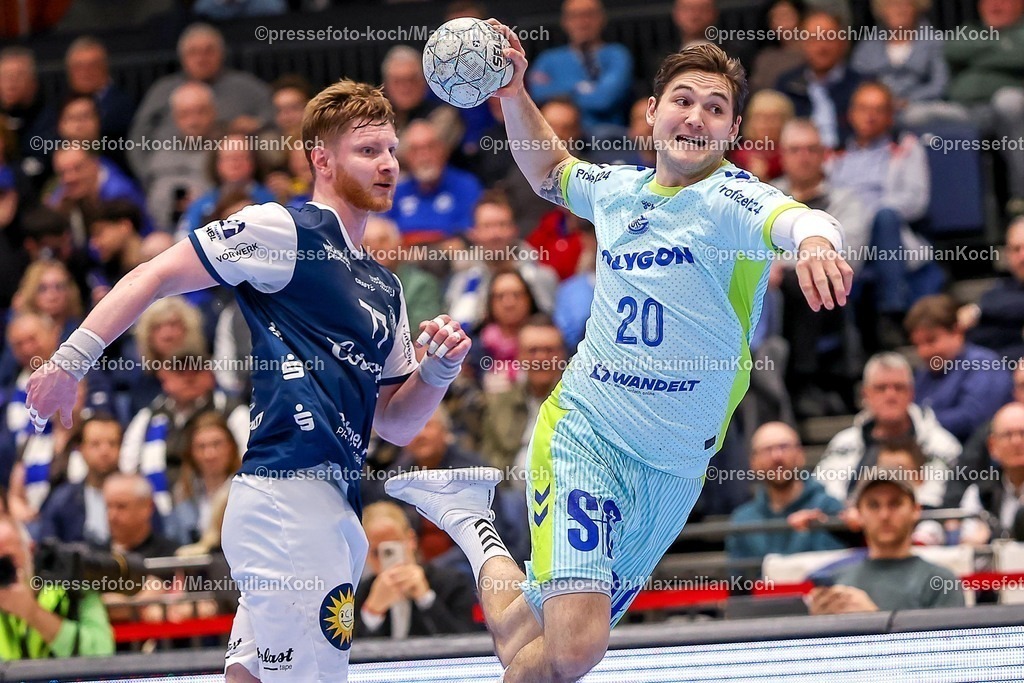 BHC02042601089 | 02.04.2026, Handball, HBL, Bergischer HC - VfL Gummersbach, Mitsubishi Electric HALLE Düsseldorf: Ludvig Hallbäck (VfL Gummersbach #20) wirft den Ball auf das Tor  gegen Johannes Wasielewski (BHC #77) 