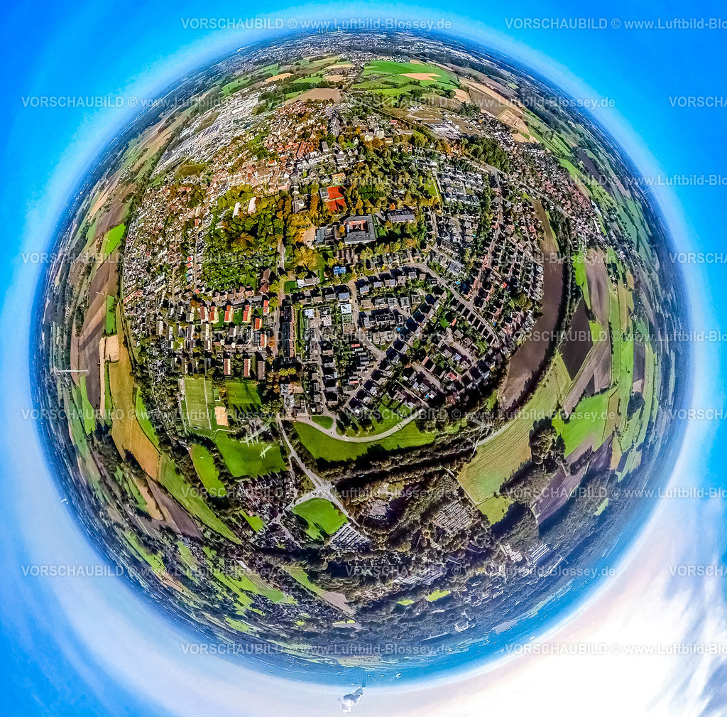 Selm241190514Bork | Luftbild, Wohngebiet Ortsansicht Bork, Erdkugel, Fisheye Aufnahme, Fischaugen Aufnahme, 360 Grad Aufnahme, tiny world, little planet, fisheye Bild, Bork, Selm, Ruhrgebiet, Nordrhein-Westfalen, Deutschland