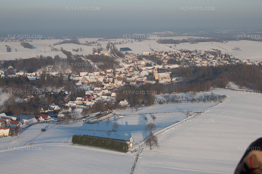 Aerial view: In winter when there is snow in Neewiller-près-Lauterbourg in the state Bas-Rhin, France.Photo: IMG_36657.jpg taken on 01/05/2011 by Werner Riehm/FLY-FOTO.comResolution of the original: 4752 x 3168 px