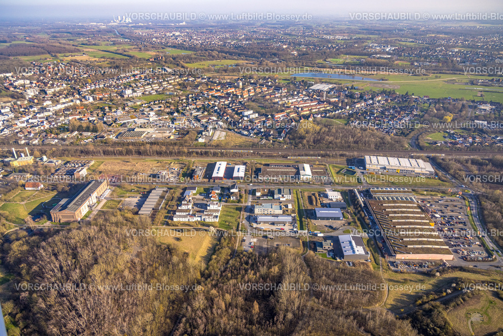 Hamm240305003 | Luftbild, Gewerbegebiet Sachsenweg, Bahnlinie und Wohngebiet Ahlener Straße, Stadtbezirk Heessen, Hamm, Ruhrgebiet, Nordrhein-Westfalen, Deutschland
