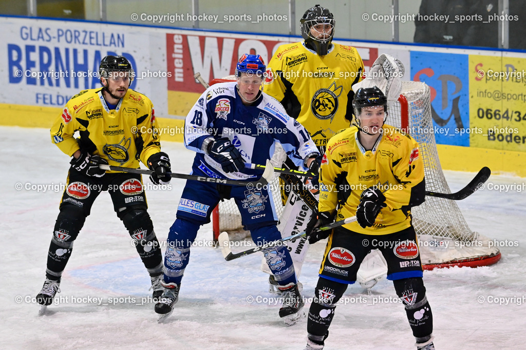 ESC Steindorf vs. EC Hornets Spittal 25.2.2024 | #1 Zauchner Rene EC Hornets Spittal, #15 Rossbacher Daniel EC Hornets Spittal, #18 Pewal Martin ESC Steindorf, #81 Sivec Peter Paul EC Hornets Spittal, ESC Steindorf vs. EC Hornets Spittal 25.2.2024, ESC Steindorf vs. EC Hornets Spittal 25.2.2024 am 25.02.2024 in Steindorf (Ossiachersee Halle), Austria, (Photo by Bernd Stefan)