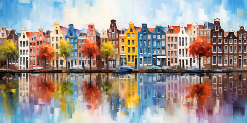 2602040 - Häuser & Gracht von Amsterdam | Bunte Häuserzeile und Gracht in Amsterdam im Stil eines modernen Gemäldes.