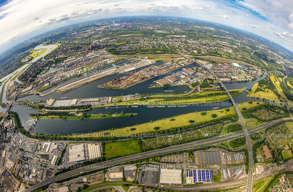 Duisburg240705412-Nord | Luftbild, Duisburger Hafen, duisport fish-eye, Duisburg-Nord Hafengebiet mit Ölinsel, Kohleninsel und Schrottinsel, Autobahn A59 und Autobahn A40 mit Autobahnkreuz Duisburg, Fluss Ruhr und Rhein-Herne-Kanal, links der Fluss Rhein und Fluss Ruhr Mündungsgebiet, Erdkugel, Fisheye Aufnahme, Fischaugen Aufnahme, 360 Grad Aufnahme, tiny world, little planet, fisheye Bild, Ruhrort, Duisburg, Ruhrgebiet, Nordrhein-Westfalen, Deutschland