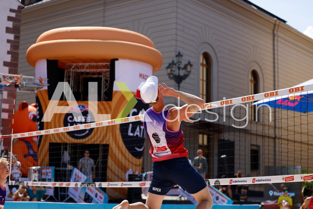 Obi BeachTour 2026 - Basel | BASEL, SWITZERLAND - JULY 18: VILLADS FLÜGGE NAPIER (DEN) attack / spike during the Obi BeachTour 2026 match between ALLEMANN / LEFFLER (SUI) and MASSEREY / SCHNEGG (SUI) at Barfüsserplatz on July 18, 2026 in Basel, Switzerland. - Realisiert mit Pictrs.com