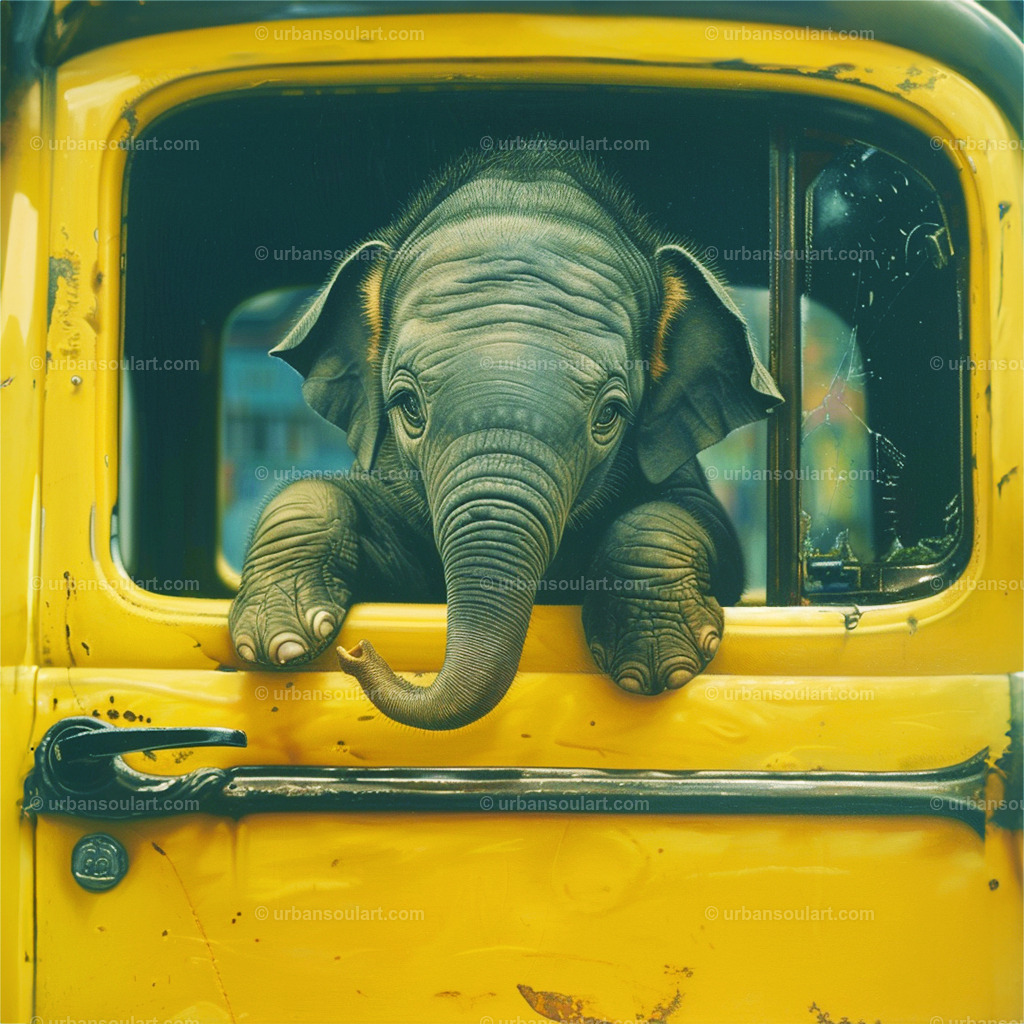 Baby Elephant On Yellow Cab | This adorable image of a baby elephant peeking out of a bright yellow cab window brings a sense of whimsy and joy. Ideal for those who love animals and playful art, this piece is perfect for adding a unique and charming vibe to any space. - Realisiert mit Pictrs.com