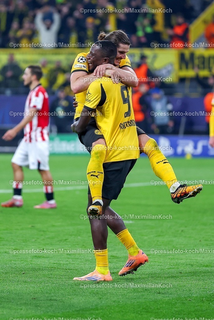 UCL01102501118 | 01.10.2025, Fußball, UEFA Champions League, Borussia Dortmund - Athletic Club Bilbao, BVB Stadion, 2. Spieltag, Saison 2025 2026: Torjubel nach dem Tor zum 3:1 durch Torschütze Marcel Sabitzer (BVB #20)  zusammen mit   Serhou Guirassy (BVB #09) Regulations prohibit any use of photographs as image sequences and or quasi-video.