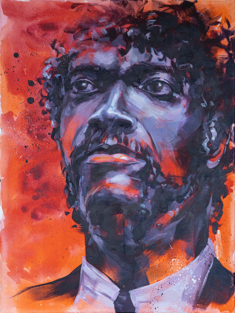 Pulp Fiction Portait | Portait Samuel L. Jackson (Pulp Fiction)
Acryl auf Leinwand mit Keilrahmen
Stil: poppig modern (Pinsel, Spachtel)
im Original BxH: 60x80 cm - Realisiert mit Pictrs.com