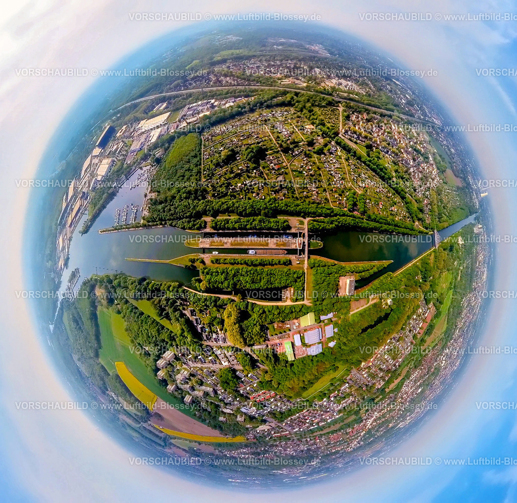 Herne240590007SchleuseHerneOst_Rhein-Herne-Kanal | Luftbild, Schleuse Herne-Ost am Rhein-Herne-Kanal, Herner Meer mit Yachthafen für Sportboote, Kleingartenverein KGV Herne Horsthausen und KGV Im Stichkanal e.V., Erdkugel, Fisheye Aufnahme, Fischaugen Aufnahme, 360 Grad Aufnahme, tiny world, little planet, fisheye Bild,