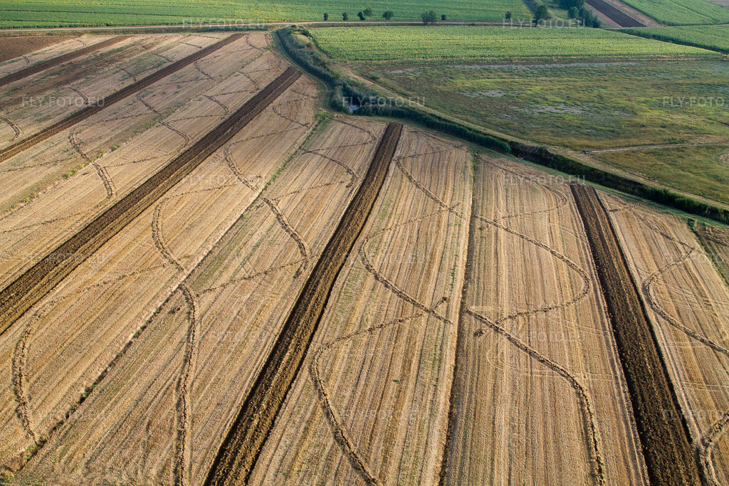 Vue aérienne: Champ de maïs récolté structure le paysage dans un champ de céréales à Anatraia à Castiglion Fiorentino dans le département Arezzo, Italie. Photo: IMG_43614.jpg prise le 27/07/2011 par Werner Riehm/FLY-FOTO.euRésolution de l'original: 4272 x 2848 px