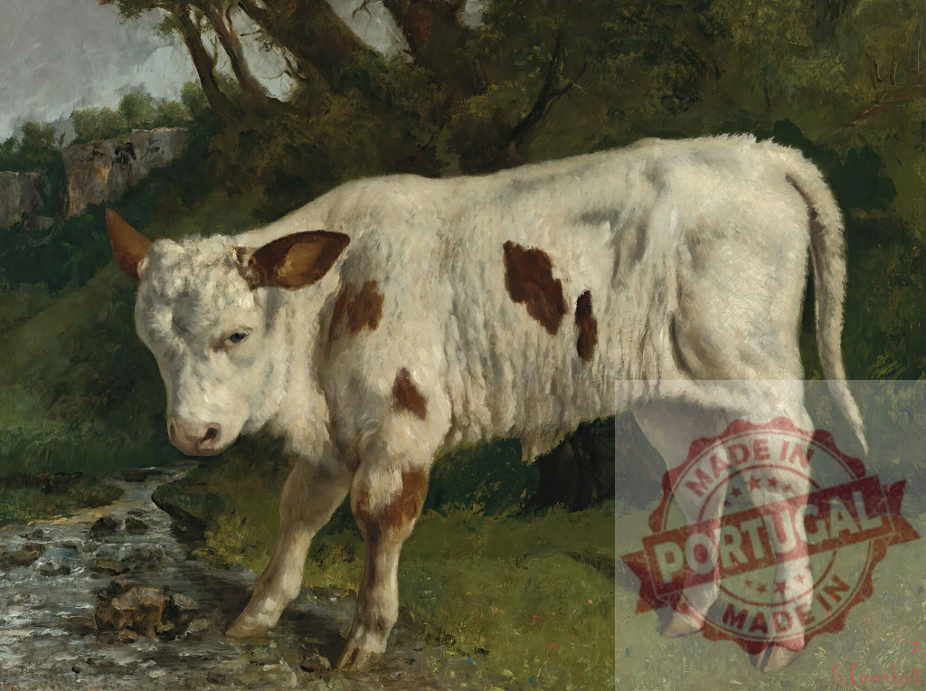 Gustave Courbet Young calf standing by stream in nature painting | White calf with brown spots standing near a winding stream in a natural landscape - Realized with Pictrs.com