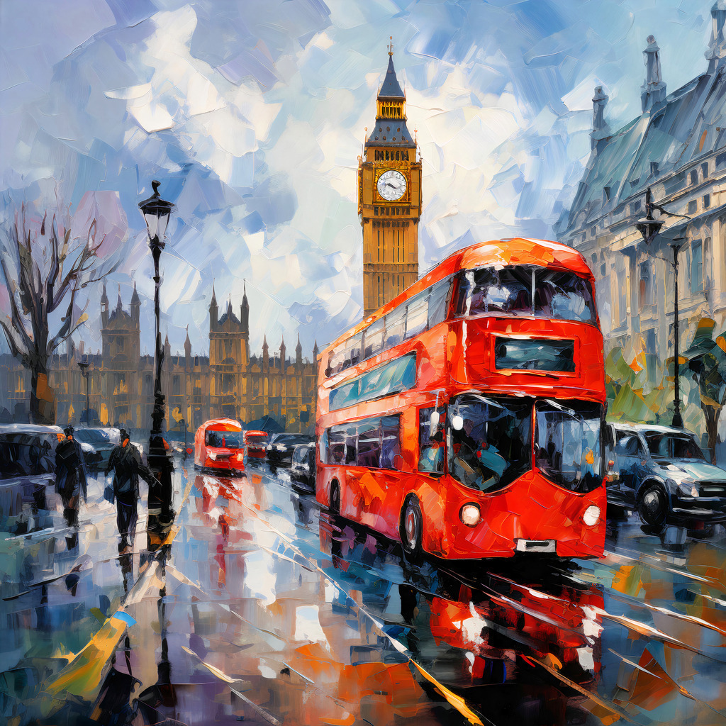 2307023 - London Impression | Modernes abstraktes London Wandbild mit dem Big Ben und den berühmten roten Bussen.