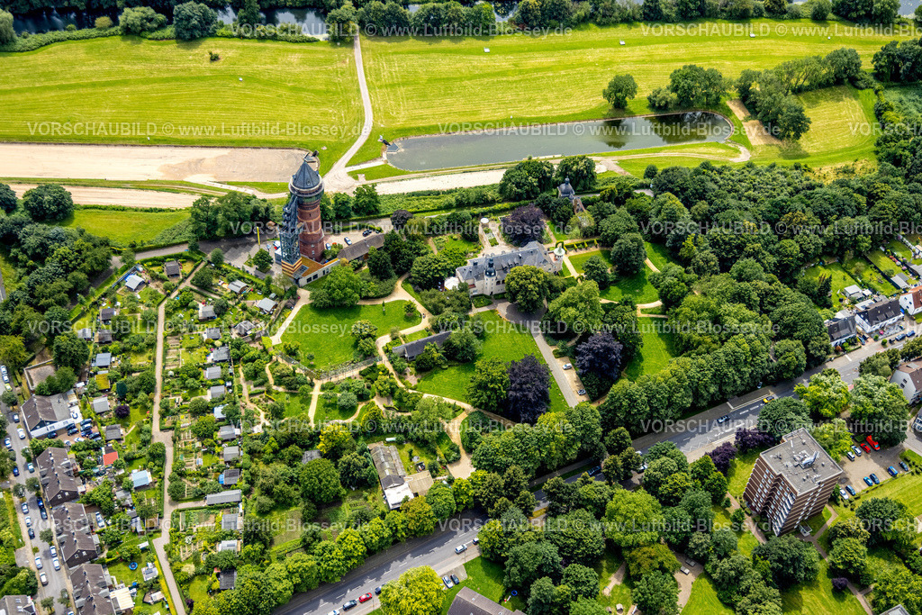 Muelheim240702957 | Luftbild, Schlosspark Styrum und Schloß Styrum historische Sehenswürdigkeit, Aquarius Wasserturm Museum, Styrum - Süd, Mülheim an der Ruhr, Ruhrgebiet, Nordrhein-Westfalen, Deutschland