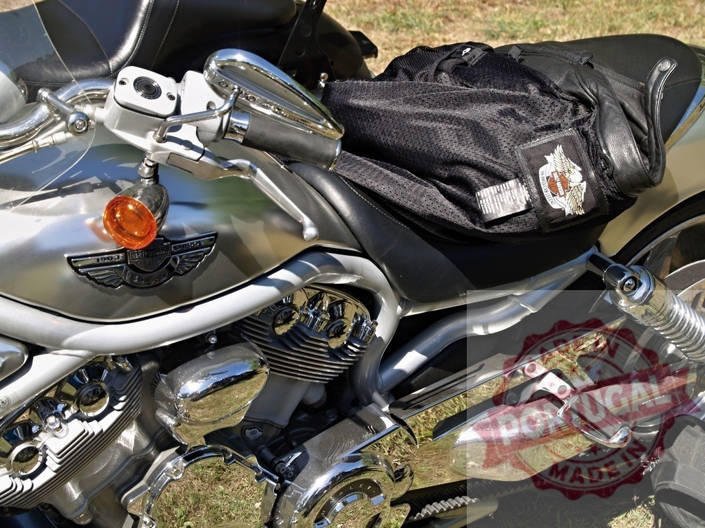 Motorcycle parked on grass with riding gear resting on seat | Shiny chrome and silver details of a Harley-Davidson V-Rod motorcycle parked on grass with riding gear resting on the passenger seat - Realisiert mit Pictrs.com