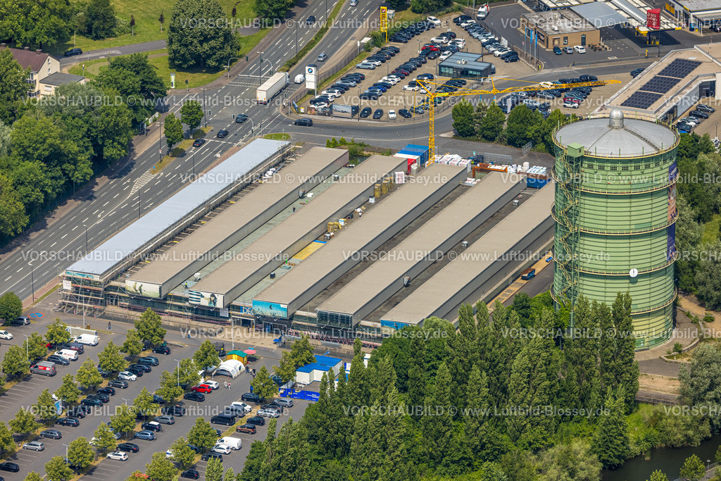 Herne250601989 | Luftbild, Gasometer und Baustelle Decathlon Sport, Herne, Holsterhausen, Herne, Ruhrgebiet, Nordrhein-Westfalen, Deutschland