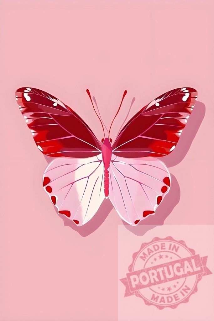 Pink and red butterfly illustration with shadow | Beautiful butterfly fluttering, isolated on a light pink background, creating a soft shadow - Realized with Pictrs.com