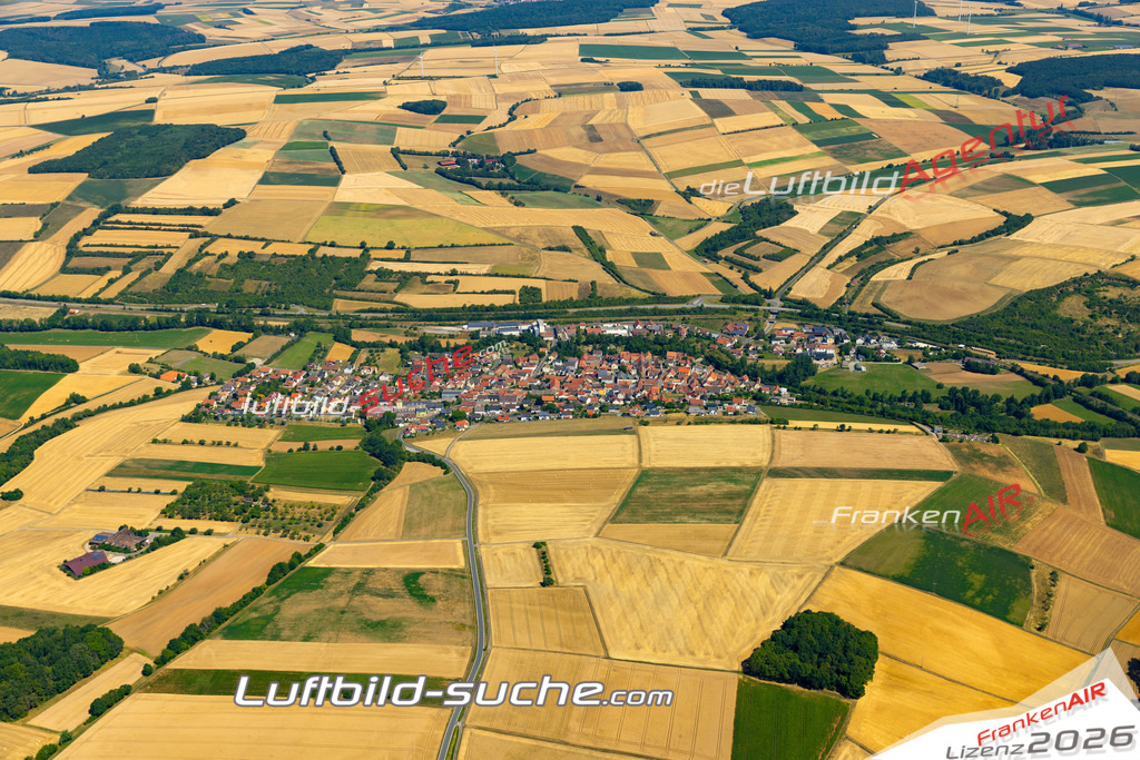 Das Luftbild zeigt : Gänheim Arnstein - Die Luftaufnahme wurde 2023 vom UL-Flugzeug aus erstellt ( keine Drohne ) - Hochauflösende Luftaufnahme - Für grossformatige Ausdrucke geeignet. Die Geschenkidee !Mit Lizenz und Bildrechte bestellbar