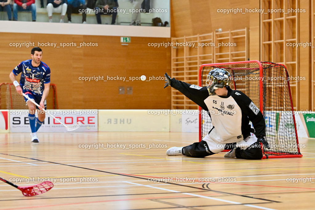 VSV Unihockye vs. KAC Floorball | #6 Timo Schmid VSV Unihockey, #55 Maximilian Obereder KAC Floorball, VSV Unihockye vs. KAC Floorball, VSV Unihockye vs. KAC Floorball am 13.04.2025 in Villach (Ballspielhalle St. Martin), Austria, (Photo by Bernd Stefan)