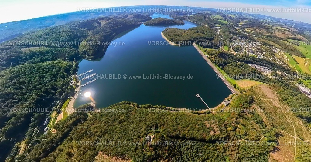 Attendorn230990308Biggesee | Luftbild, Biggesee mit Gilberginsel, Erdkugel, Fisheye Aufnahme, Fischaugen Aufnahme, 360 Grad Aufnahme, tiny world, Neu-Listernohl, Attendorn, Sauerland, Nordrhein-Westfalen, Deutschland