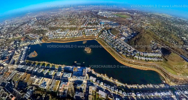 Dortmund240190016Phoenixsee | Luftbild, Phoenix-See mit Seepromenade, Geschäftshäuser und Wohngebiet mit Einfamilienhäusern, Insel im See und Naherholungsgebiet, Erdkugel, Fisheye Aufnahme, Fischaugen Aufnahme, 360 Grad Aufnahme, tiny world, little planet, fisheye Bild, Hörde, Dortmund, Ruhrgebiet, Nordrhein-Westfalen, Deutschland