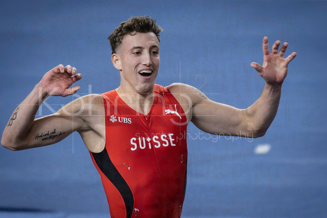 World Athletics Indoor Championships Kujawy Pomorze 26, 21.03.2026 | TORUN, POLAND - MARCH 21: Simon EHAMMER (SUI) celebrating after a world’s best in the men's 60m hurdles of the heptathlon during the World Athletics Indoor Championships Kujawy Pomorze 26 on day 2 / session 1 at Kujawsko-Pomorska Arena Torun on March 21, 2026 in Torun, Poland. 