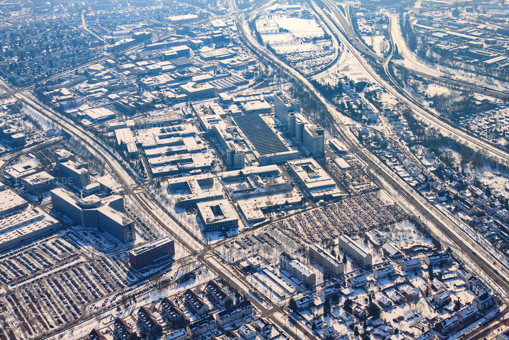 Luftbild: SIEMENS AG im Winter bei Schnee im Ortsteil Knielingen in Karlsruhe im Bundesland Baden-Württemberg in Deutschland. Foto: IMG_24123.jpg vom 16.02.2010 durch Werner Riehm/FLY-FOTO.de