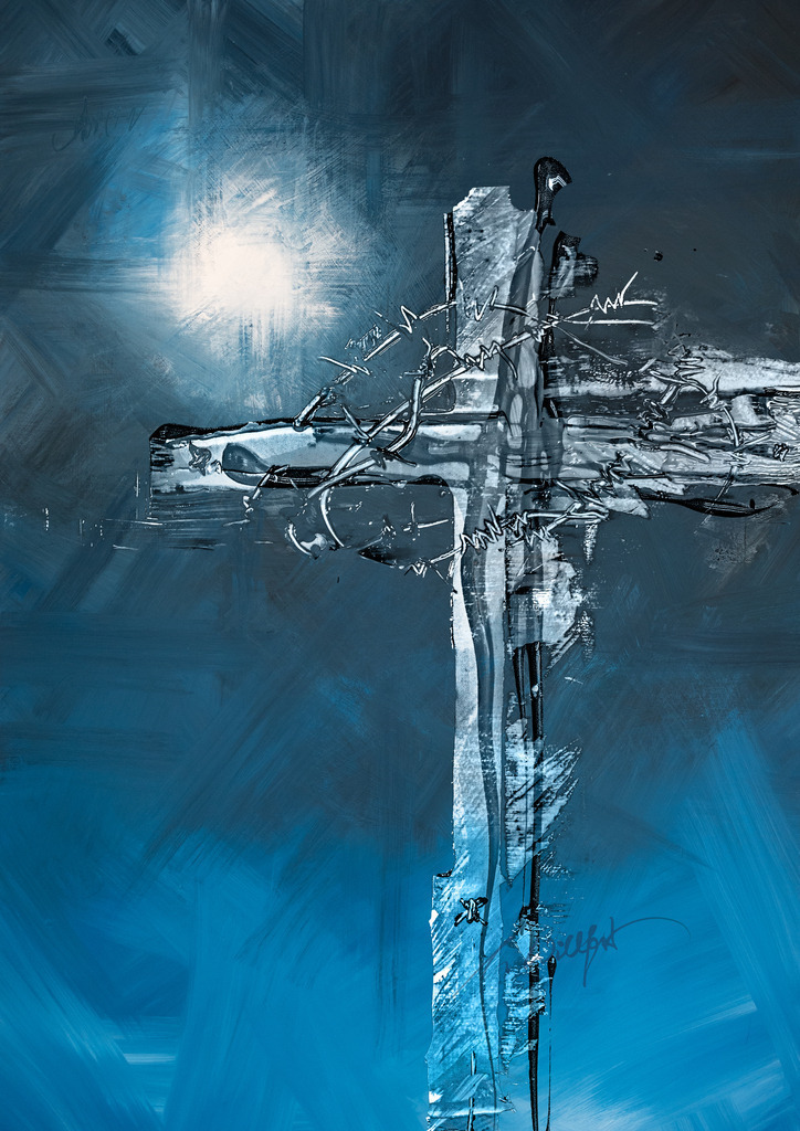 Kreuz Licht im Dunkel blau | Dornenkreuz blau - Realisiert mit Pictrs.com