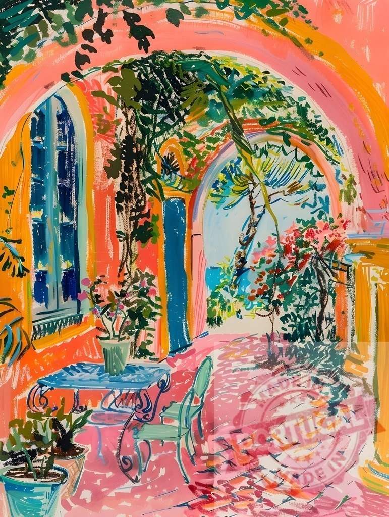 Vibrant fauvist style courtyard archway with lush plants | Artistic painting depicting a colorful Mediterranean patio leading to a bright garden area - Realisiert mit Pictrs.com