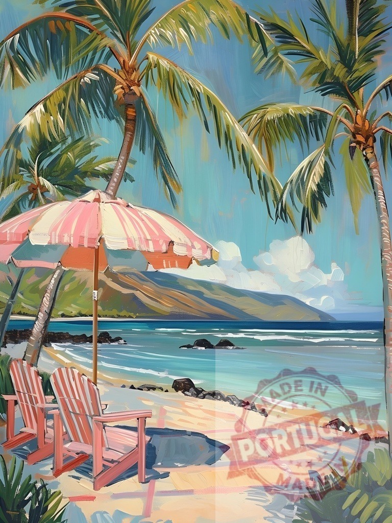 Pink beach chairs and umbrella overlooking a beautiful tropical ocean in Hawaii | Two pink beach chairs sit under a pink and white umbrella on a tropical beach in Hawaii, overlooking a beautiful ocean with palm trees swaying in the breeze - Realized with Pictrs.com