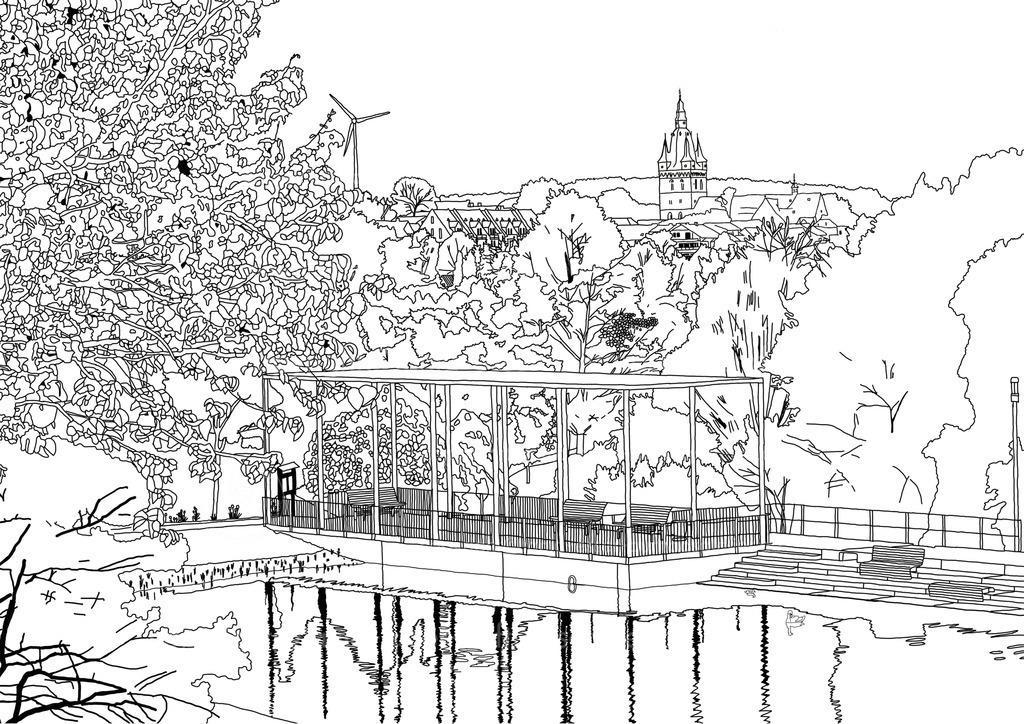 Kurpark | Illustration vom Kurpark mit Panoramablick auf Briloner Propsteikirche. Im Vordergrund sind üppige Bäume. In der Mitte ist ein Teich und im Hintergrund sind einige Gebäude zu sehen. Außenlinien zum Ausmalen. 