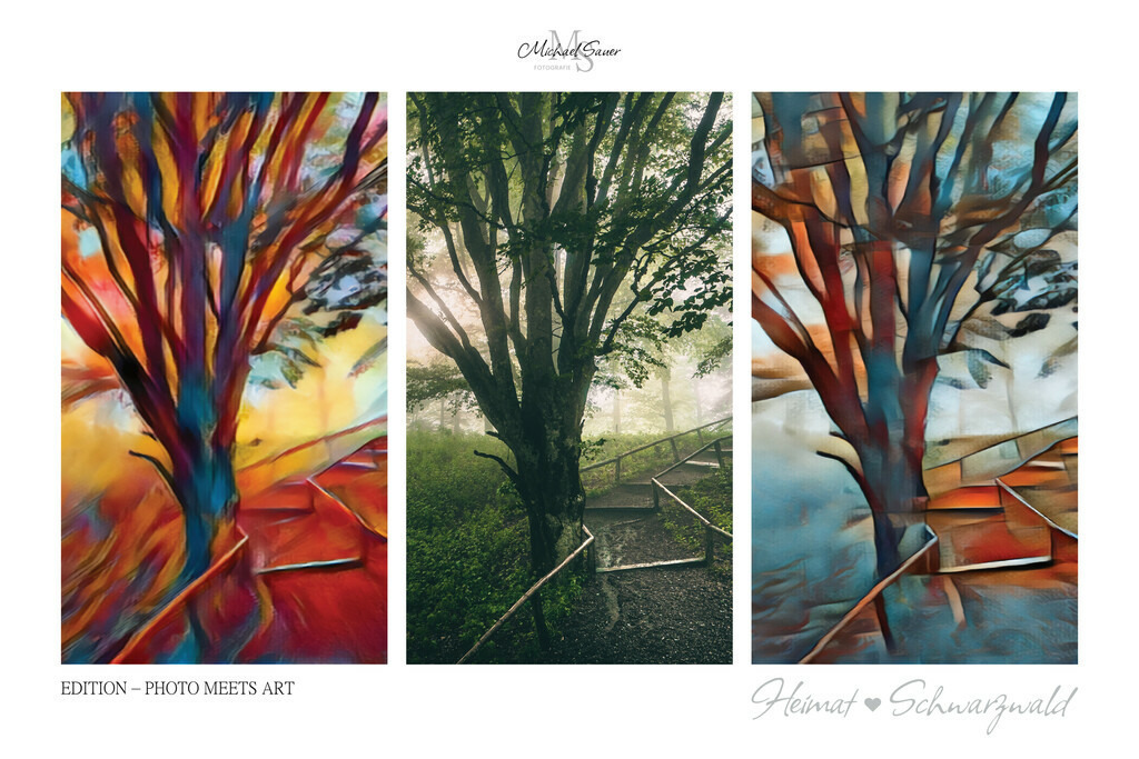 Edition “PHOTO MEETS ART” | Die Edition “PHOTO MEETS ART” ist eine außergewöhnliche Schwarzwald-Bildergalerie für alle Kunstliebhaber. Bei diesen Werken handelt es sich um exklusive Digitalkunst, bei denen mittels künstlicher Intelligenz neue Visualisierungen erschaffen wurden. Das Ergebnis ist eine 3er-Bild-Collage mit der realen Fotografie im Zentrum, flankiert von zwei unterschiedlichen Kunststilen. Natürlich ausschließlich mit Bildern aus dem Schwarzwald! - Realisiert mit Pictrs.com