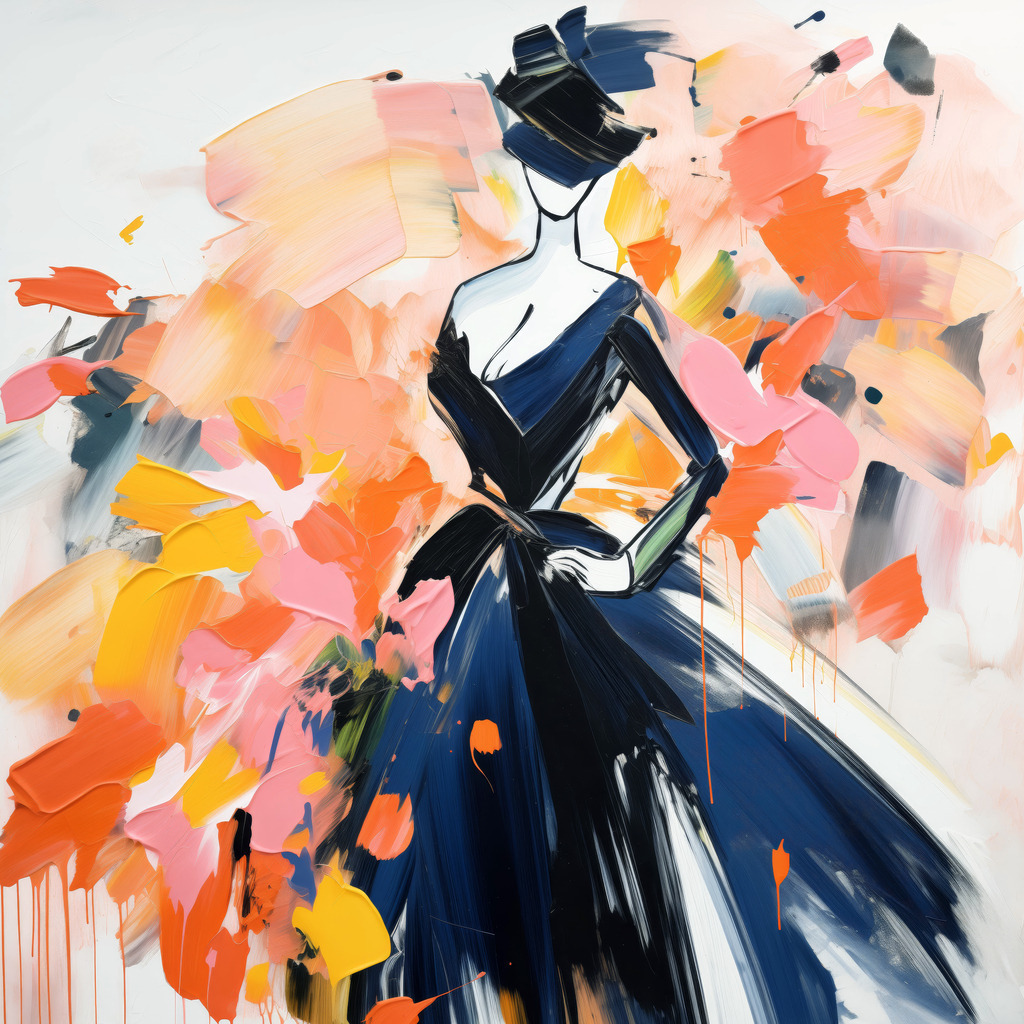 2604012 - Zeitlose Eleganz | Moderne, ausdrucksstarke Darstellung einer eleganten Frau im schwarzen Kleid. Dynamische Pinselstriche und leuchtende Farbflächen in warmen Tönen treffen auf klare Linien und verleihen dem Motiv eine besondere Mischung aus Fashion, Kunst und zeitloser Eleganz – ein stilvoller Blickfang für moderne Räume.