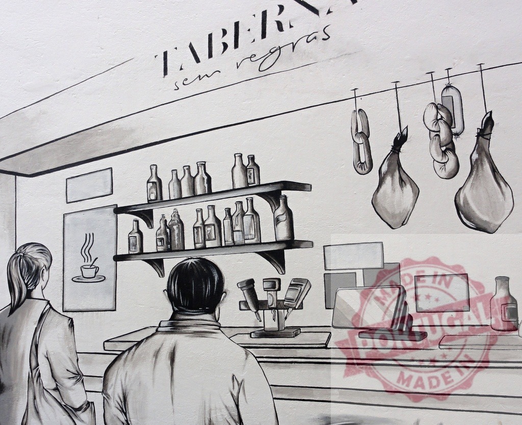 Traditional Portuguese tavern mural drawing customers and ham | Mural depicting a bustling tavern scene with customers, liquor bottles, and hanging hams - Realisiert mit Pictrs.com