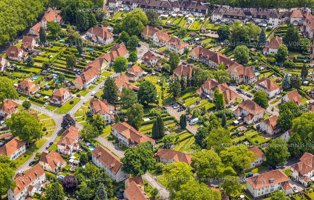 Herne250602195 | Luftbild, Bermannssiedlung Teutoburgia mit roten Dächern, Häuser und Gartenanlagen, Börnig, Herne, Ruhrgebiet, Nordrhein-Westfalen, Deutschland