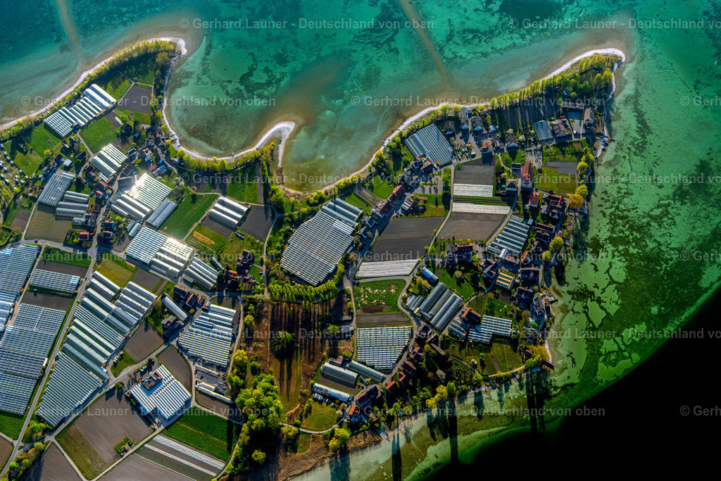 4024196 | REICHENAU 15.04.2020 Glasdach- Flächen in den Gewächshausreihen zur Pflanzenzucht und Landwirtschaft in Reichenau im Bundesland Baden-Württemberg, Deutschland. // Rows of greenhouses for growing plants and Landwirtschaft in Reichenau in the state Baden-Wuerttemberg, Germany. Foto: Gerhard Launer