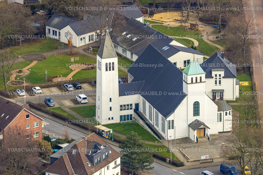 Hamm230215500 | Luftbild, Liboriuskirche, kath. Kita St. Liborius - Wiescherhöfen, Stadtbezirk Pelkum, Hamm, Ruhrgebiet, Nordrhein-Westfalen, Deutschland