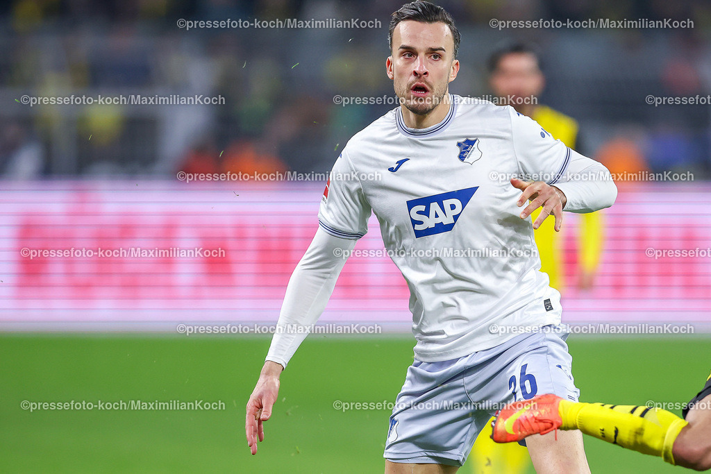 BVB15122402252 | 15.12.2024, Fußball, Borussia Dortmund - TSG 1899 Hoffenheim, 1. Fußball Bundesliga, 14. Spieltag, Signal Iduna Park, Saison 2024 2025: Haris Tabakovic (Hoffenheim #26)DFB regulations prohibit any use of photographs as image sequences and or quasi-video.