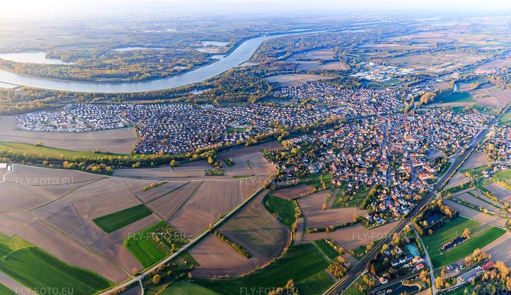 Vue aérienne: Panorama de la ville sur le Rhin depuis le nord à Drusenheim dans le département Bas Rhin, France – .Photo: IMG_126531-Pano.jpg prise le 25/04/2021 par Werner Riehm/FLY-FOTO.eu – Résolution de l'original: 5752 x 3317 px