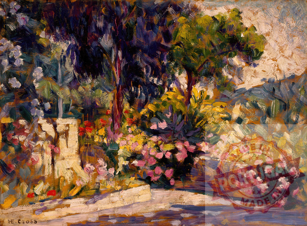 Henri-Edmond Cross oil painting garden landscape flowering plants. Henri Edmund Cross | Oil painting depicting a vibrant garden scene with trees, flowers, and a wall in bright sunlight - Realisiert mit Pictrs.com