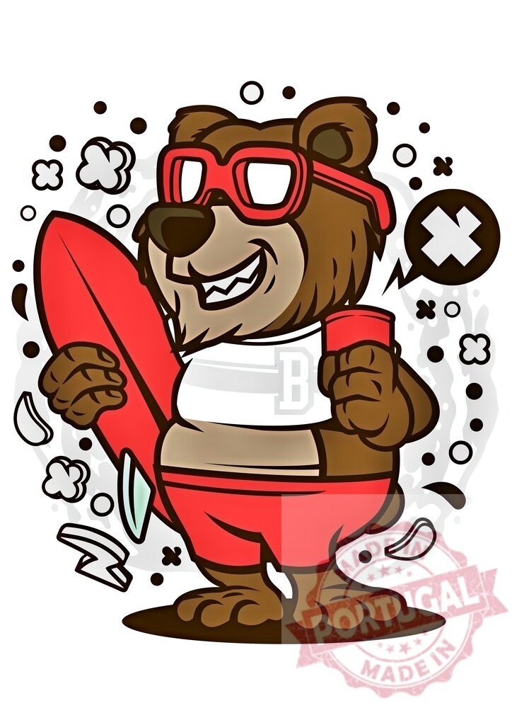 Cartoon surfer bear wearing red glasses holding surfboard | Cartoon bear mascot wearing sunglasses and holding a surfboard and drink - Realized with Pictrs.com