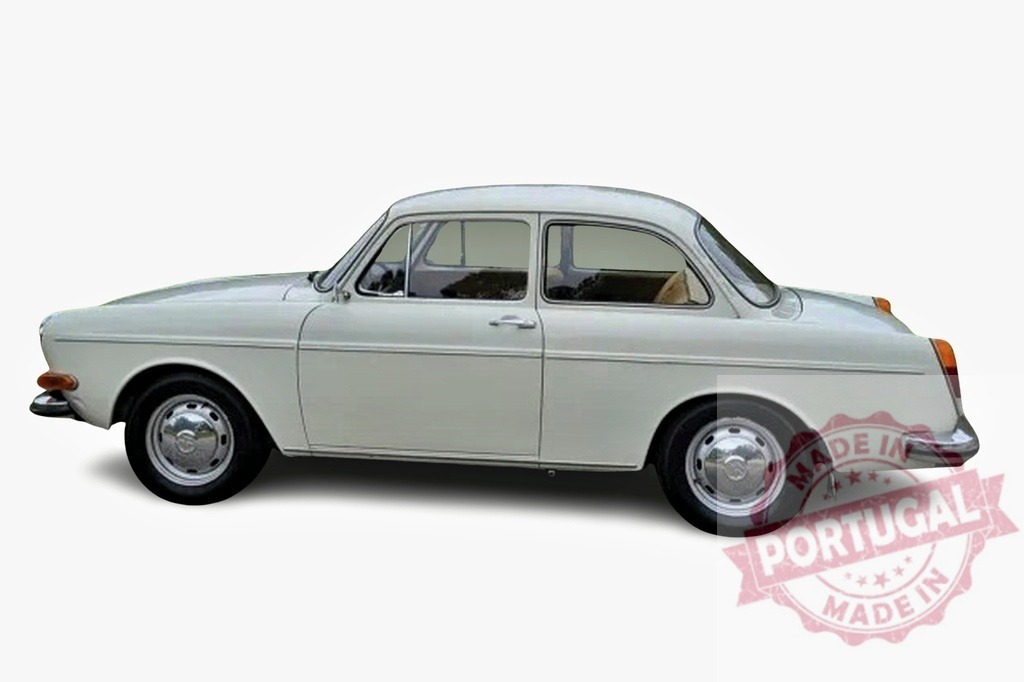 Classic white Volkswagen Type 3 Fastback showcasing timeless design | Side view of a pristine white Volkswagen Type 3 Fastback, highlighting its elegant design and vintage appeal - Realized with Pictrs.com