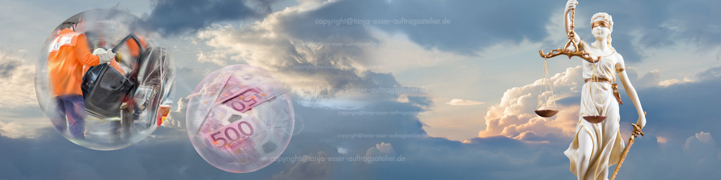 Justice figure in front of sky, glass sphere with accident and glass sphere with a lot of money as panorama view | Justice figure in front of sky, glass sphere with accident and glass sphere with a lot of money as panorama view