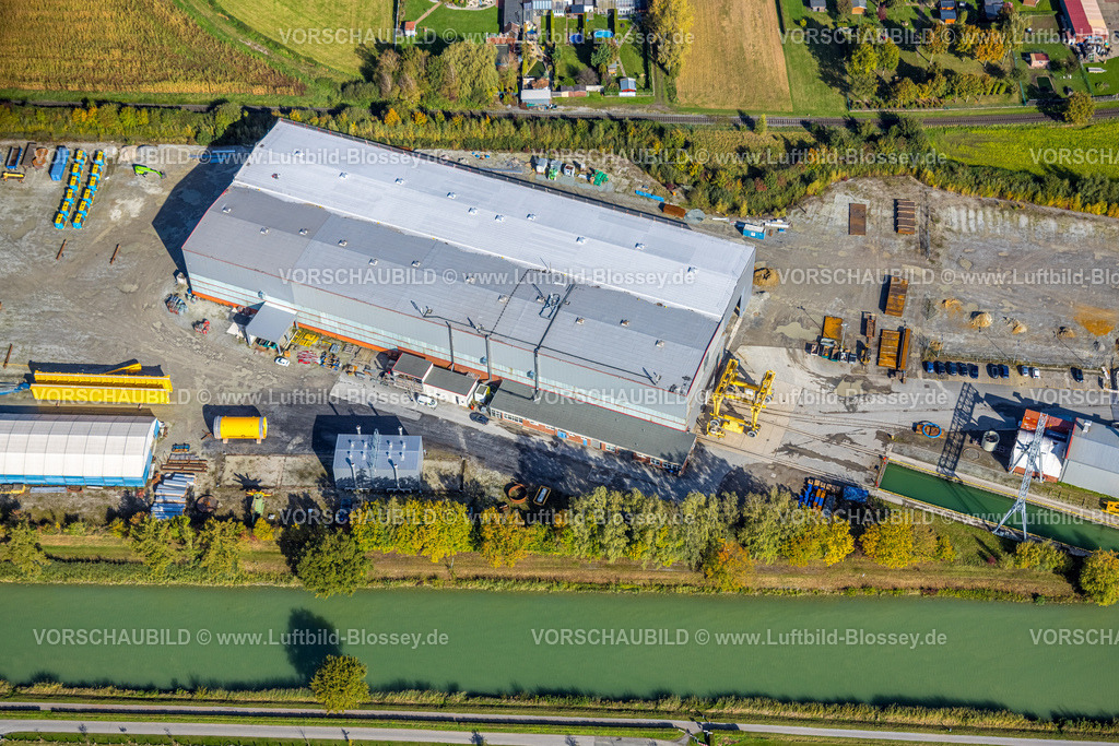 Hamm241008106 | Luftbild, Hallenneubau der Firma Hoffmeier, Baustelle einer riesigen Halle am Datteln-Hamm-Kanal, Werksstandort Hafen Kranstraße, Uentrop, Hamm, Ruhrgebiet, Nordrhein-Westfalen, Deutschland