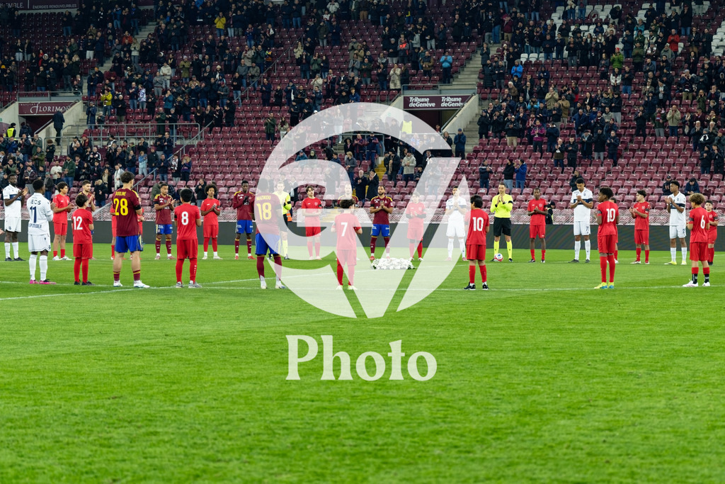 Brack Super League - Servette FC v FC Lausanne-Sport | Minute of silence in honor of the tragedy in Crans-Montana during the Brack Super League match between Servette FC and FC Lausanne-Sport at Stade de Geneve in Geneva, Switzerland