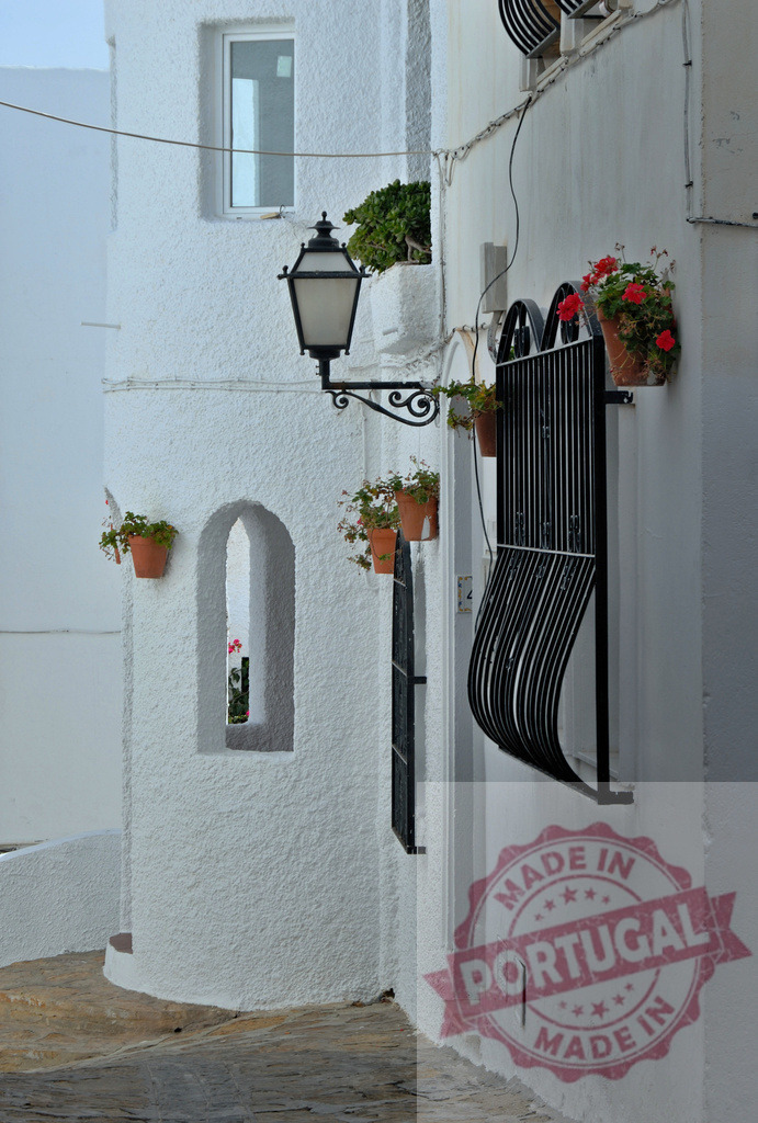 Whitewashed walls and flowers in a quaint Spanish village alley | Traditional Spanish village alley featuring whitewashed walls, potted flowers, and an ornate street lamp - Realized with Pictrs.com