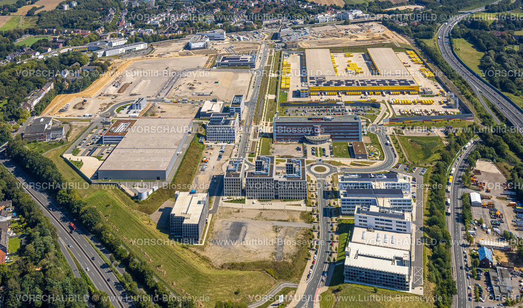 Bochum240816251 | Luftbild, Großbaustelle Mark 51/7, Wissenschaftsquartier und Technologiequartier, O-Werk Campus, VW Infotainment, DHL Logistik, ehemaliges Opel Areal an der Autobahn A448, Laer, Bochum, Ruhrgebiet, Nordrhein-Westfalen, Deutschland